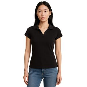 Ann Taylor Factory Black Cotton Polo Shirt XS Short Sleeve Collared Top